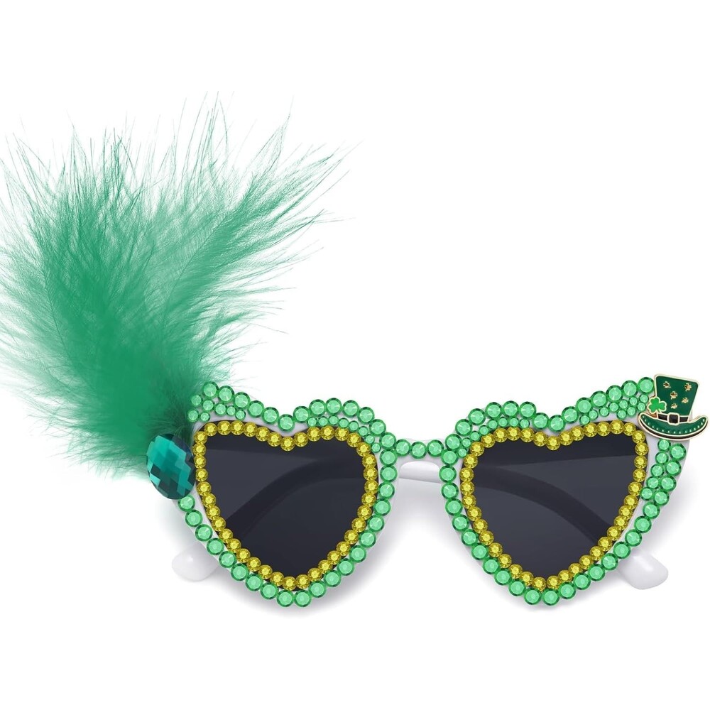 Women's Green Heart St Patrick's Day Feather Rhinestone Novelty Party Sunglasses